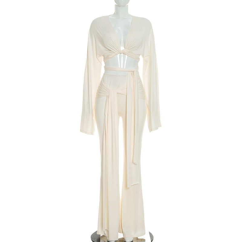 Wrap Tie Cut Out Two Piece Pant Set for Women Chic