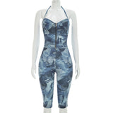 Denim Print Halter Bodycon Capri JumpsuiT