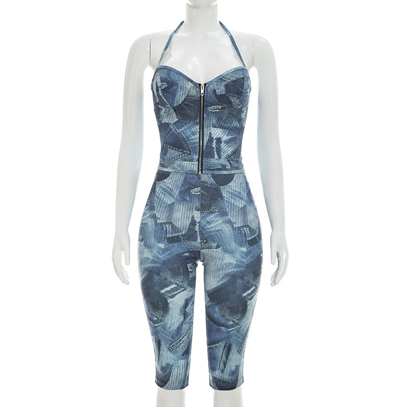 Denim Print Halter Bodycon Capri JumpsuiT