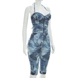 Denim Print Halter Bodycon Capri JumpsuiT