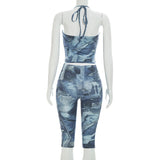 Denim Print Halter Bodycon Capri JumpsuiT