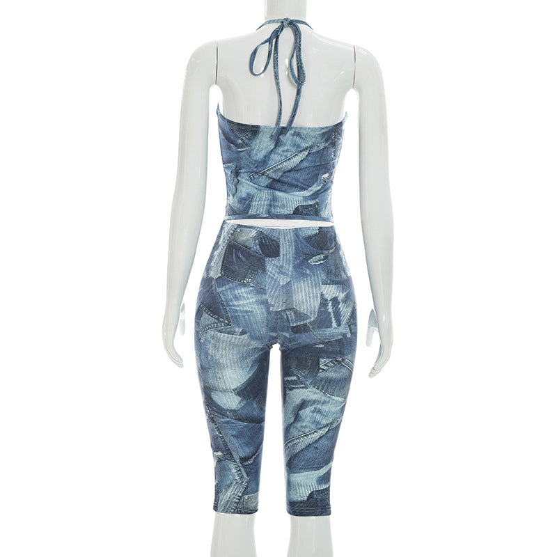 Denim Print Halter Bodycon Capri JumpsuiT