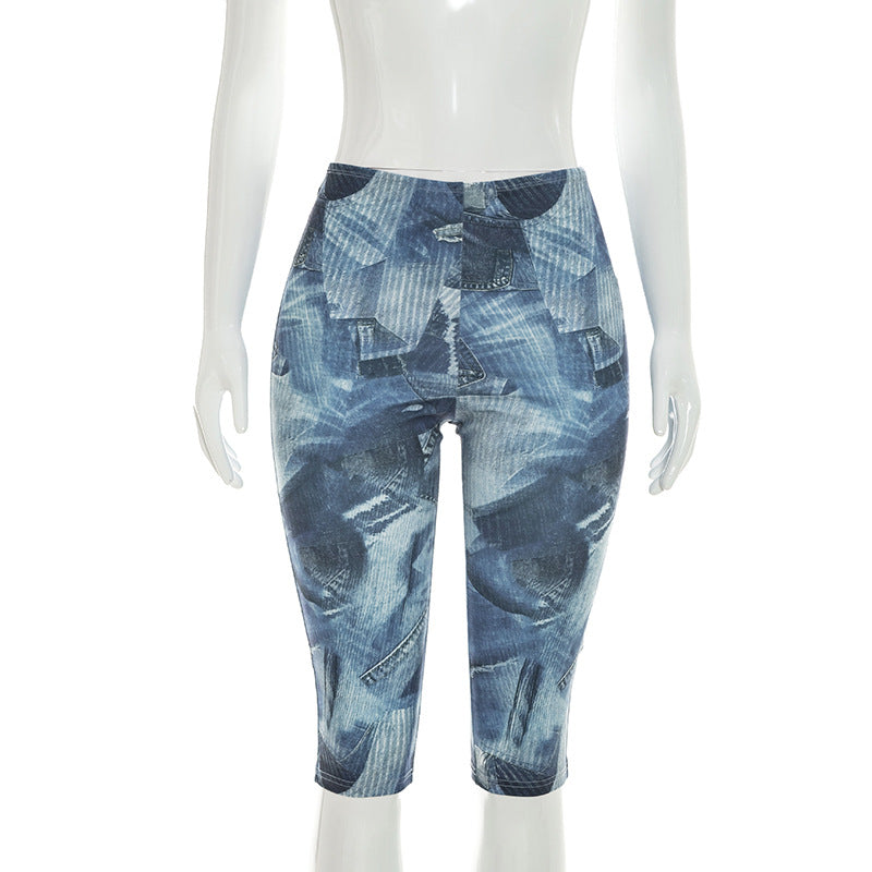 Denim Print Halter Bodycon Capri JumpsuiT