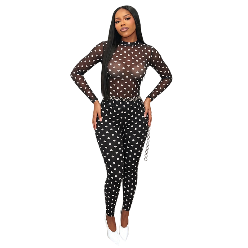 Polka Dot Mesh Bodysuit & Pants Set for Women Chic