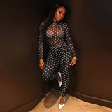 Polka Dot Mesh Bodysuit & Pants Set for Women Chic