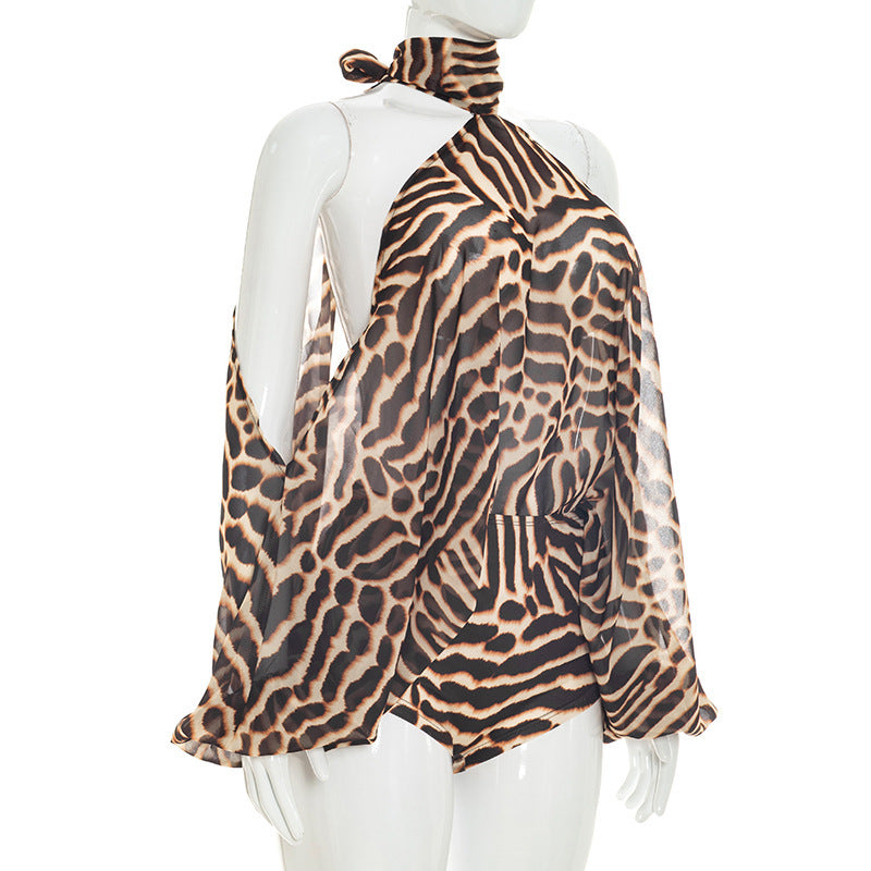 Animal Print Halter Cut Out Romper for Women Chic