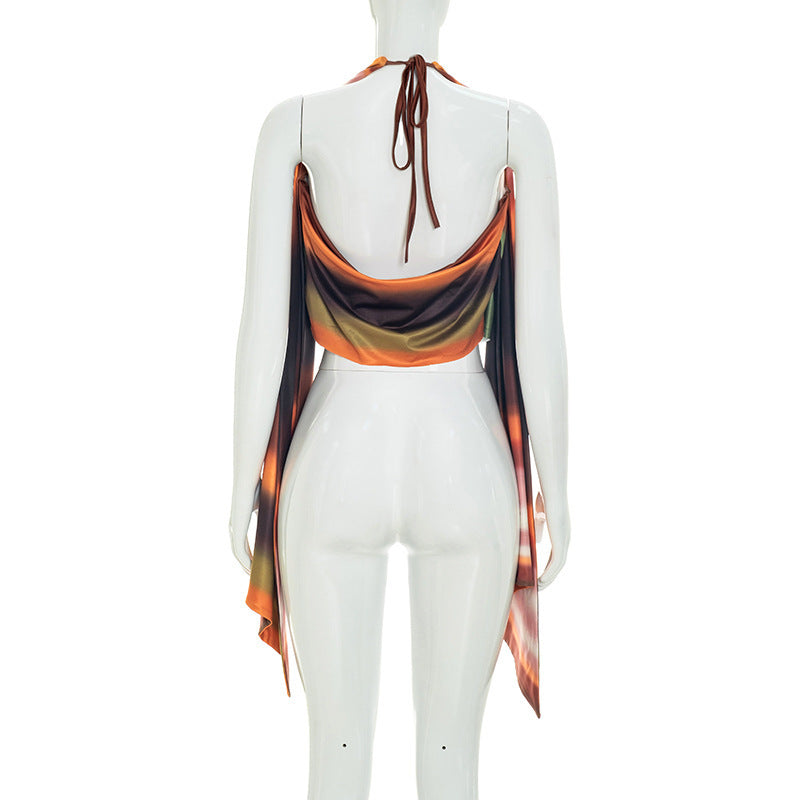 Abstract Print Halter Drape Top for Women Fashion