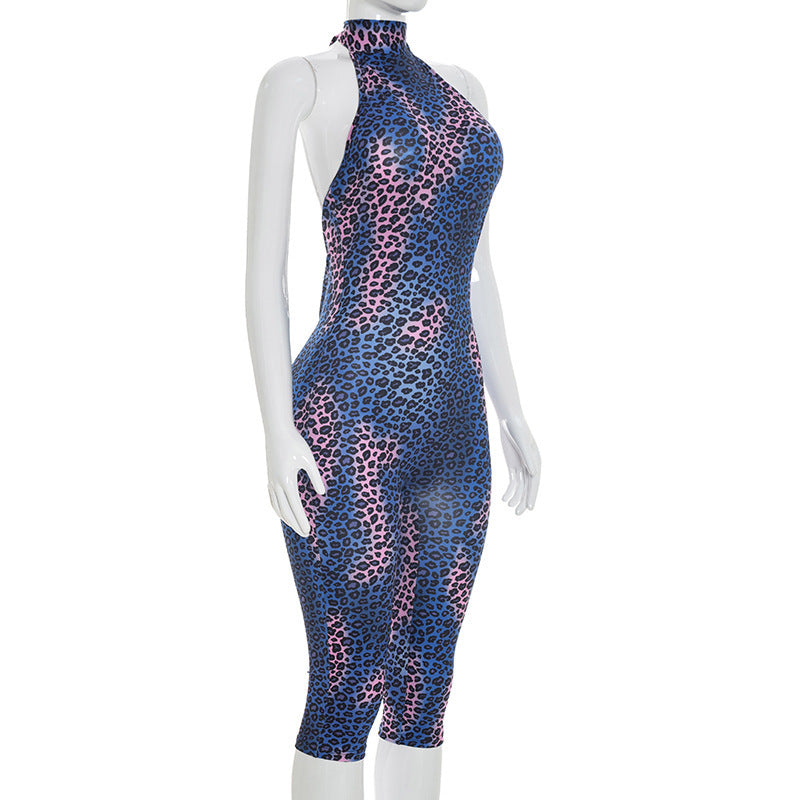 Leopard Print Halter Capri Jumpsuit for Women Chic
