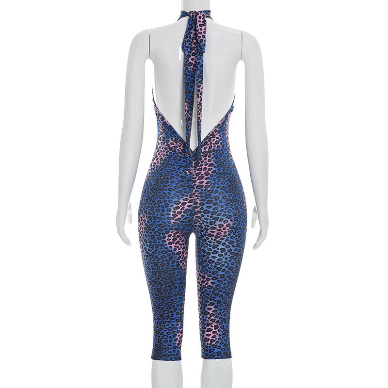 Leopard Print Halter Capri Jumpsuit for Women Chic
