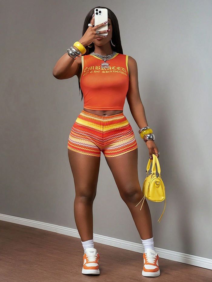 Graphic Crop Top & Printed Shorts Set