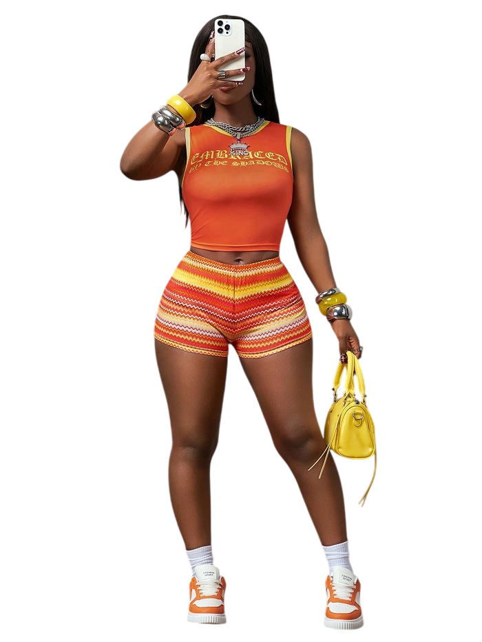 Graphic Crop Top & Printed Shorts Set