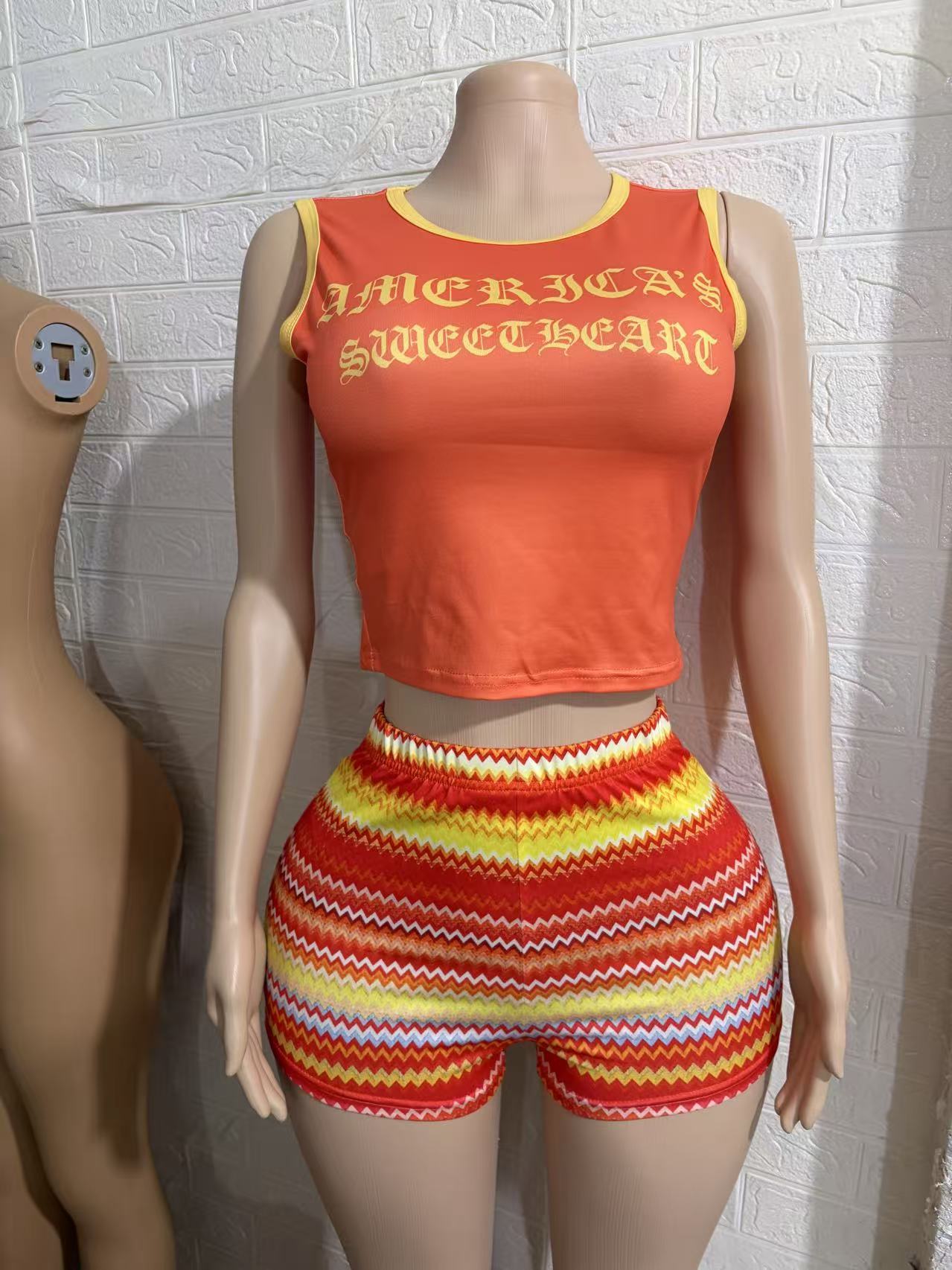 Graphic Crop Top & Printed Shorts Set