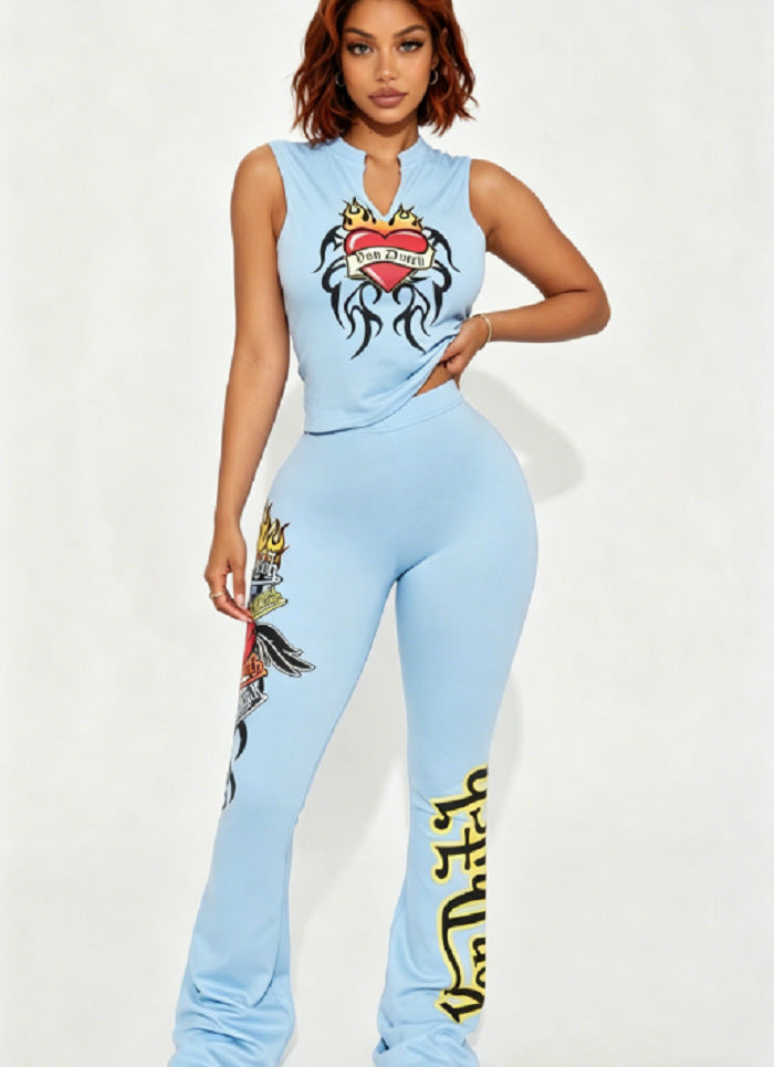 Graphic Sleeveless Top & Flare Pants