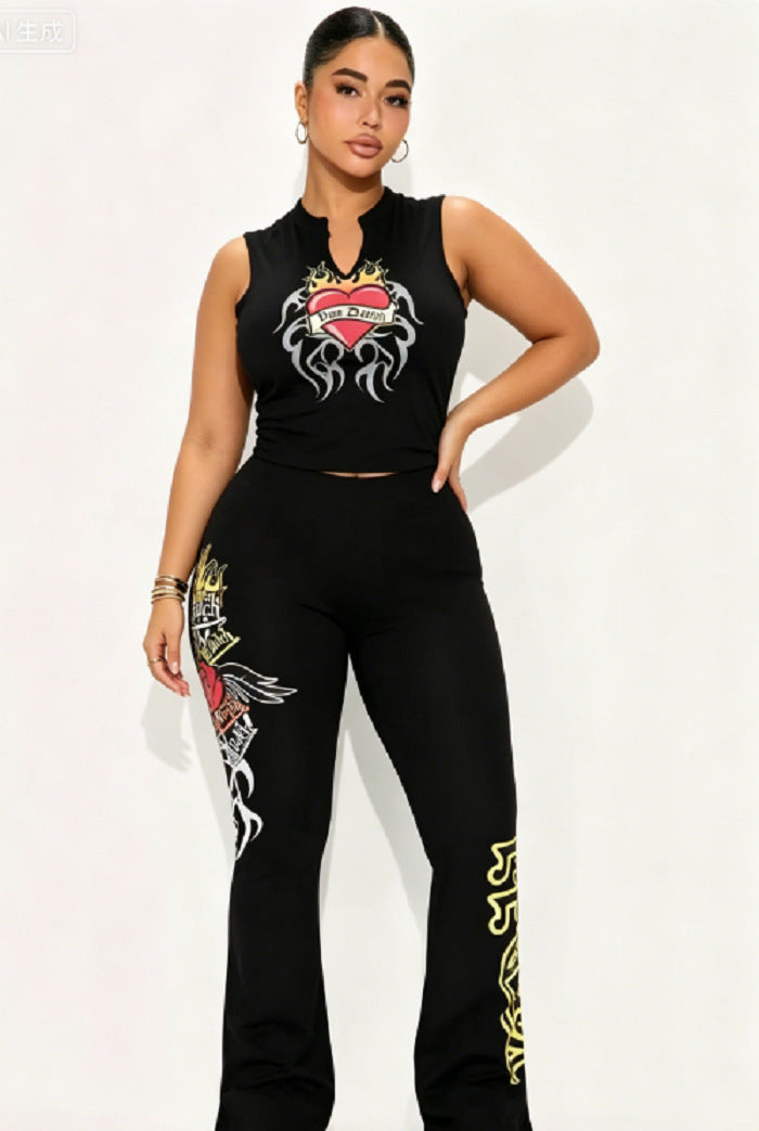 Graphic Sleeveless Top & Flare Pants
