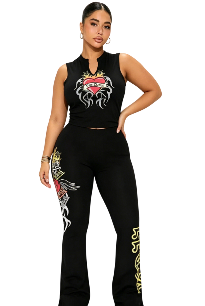 Graphic Sleeveless Top & Flare Pants