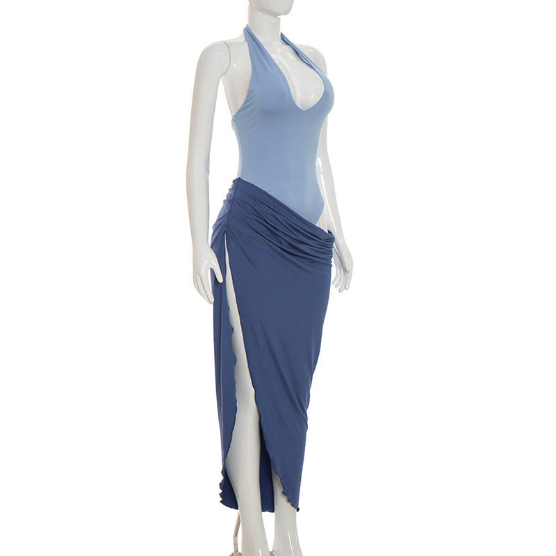 Halter One Piece Swimsuit with Sarong for Women Chic
