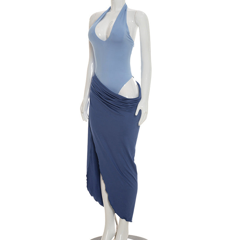 Halter One Piece Swimsuit with Sarong for Women Chic