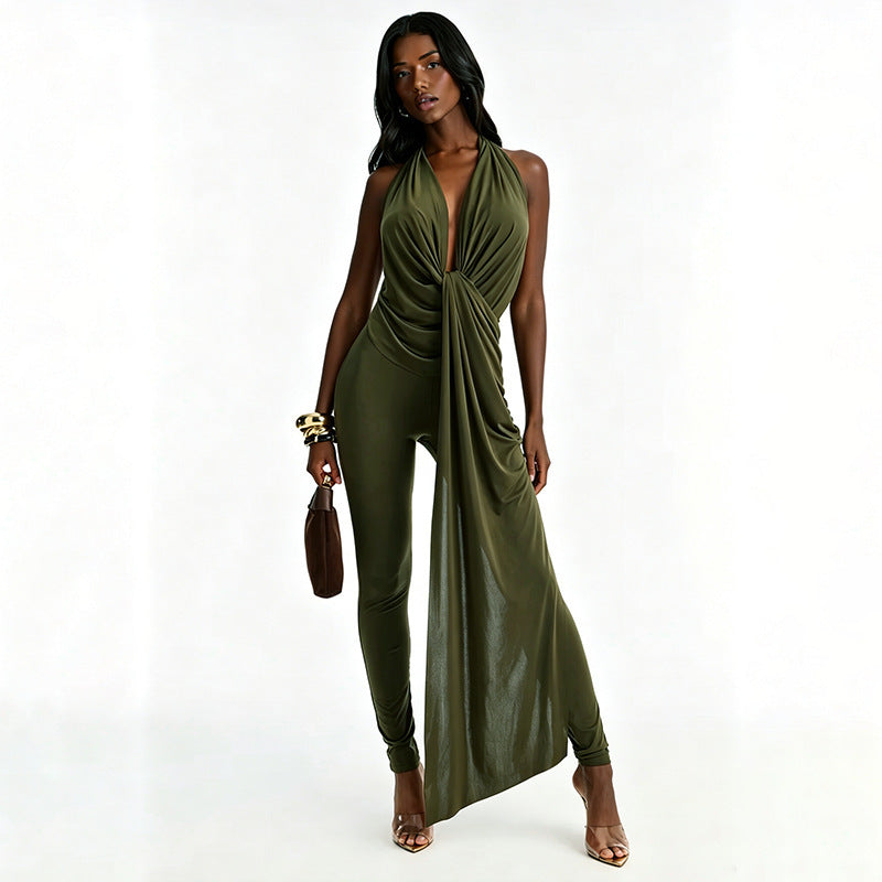 Draped Halter Bodycon Jumpsuit