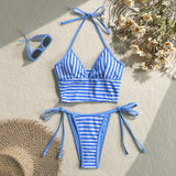 Striped Halter Wrap Bikini Set for Women