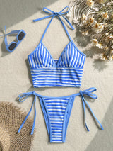 Striped Halter Wrap Bikini Set for Women