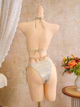 Floral Applique Shimmer Bikini & Mini Skirt Set