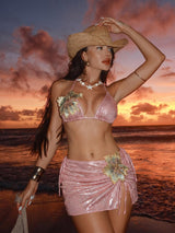 Floral Applique Shimmer Bikini & Mini Skirt Set