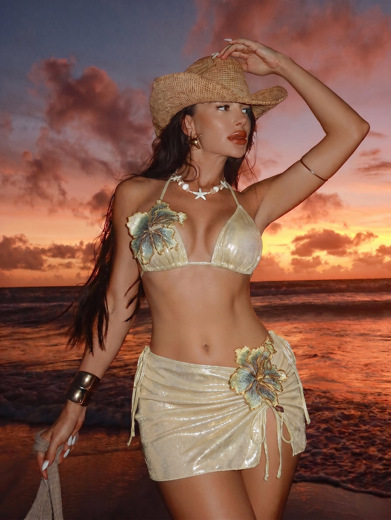 Floral Applique Shimmer Bikini & Mini Skirt Set