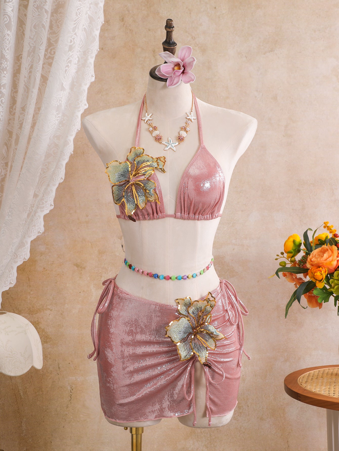 Floral Applique Shimmer Bikini & Mini Skirt Set