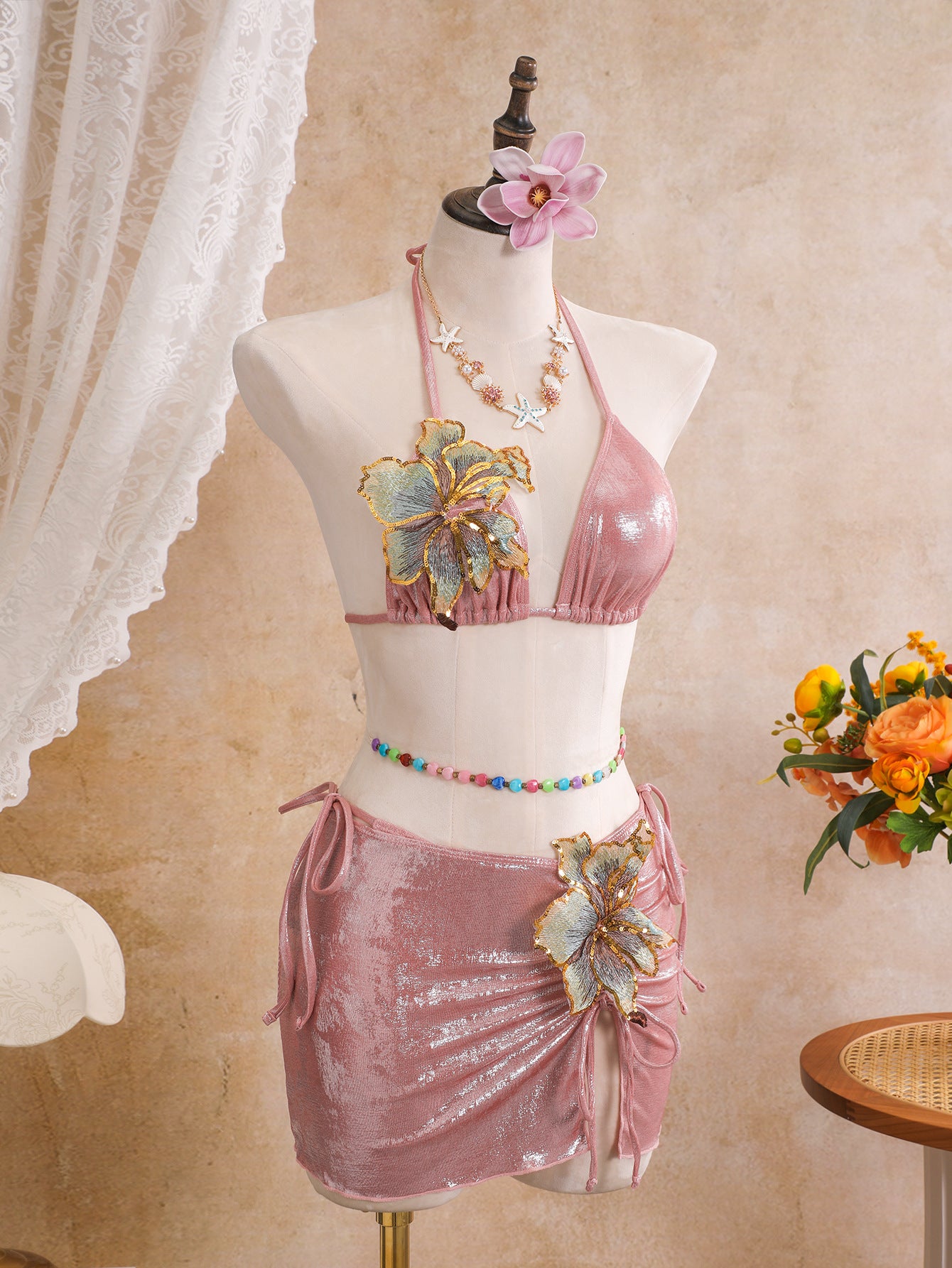 Floral Applique Shimmer Bikini & Mini Skirt Set