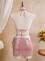 Floral Applique Shimmer Bikini & Mini Skirt Set