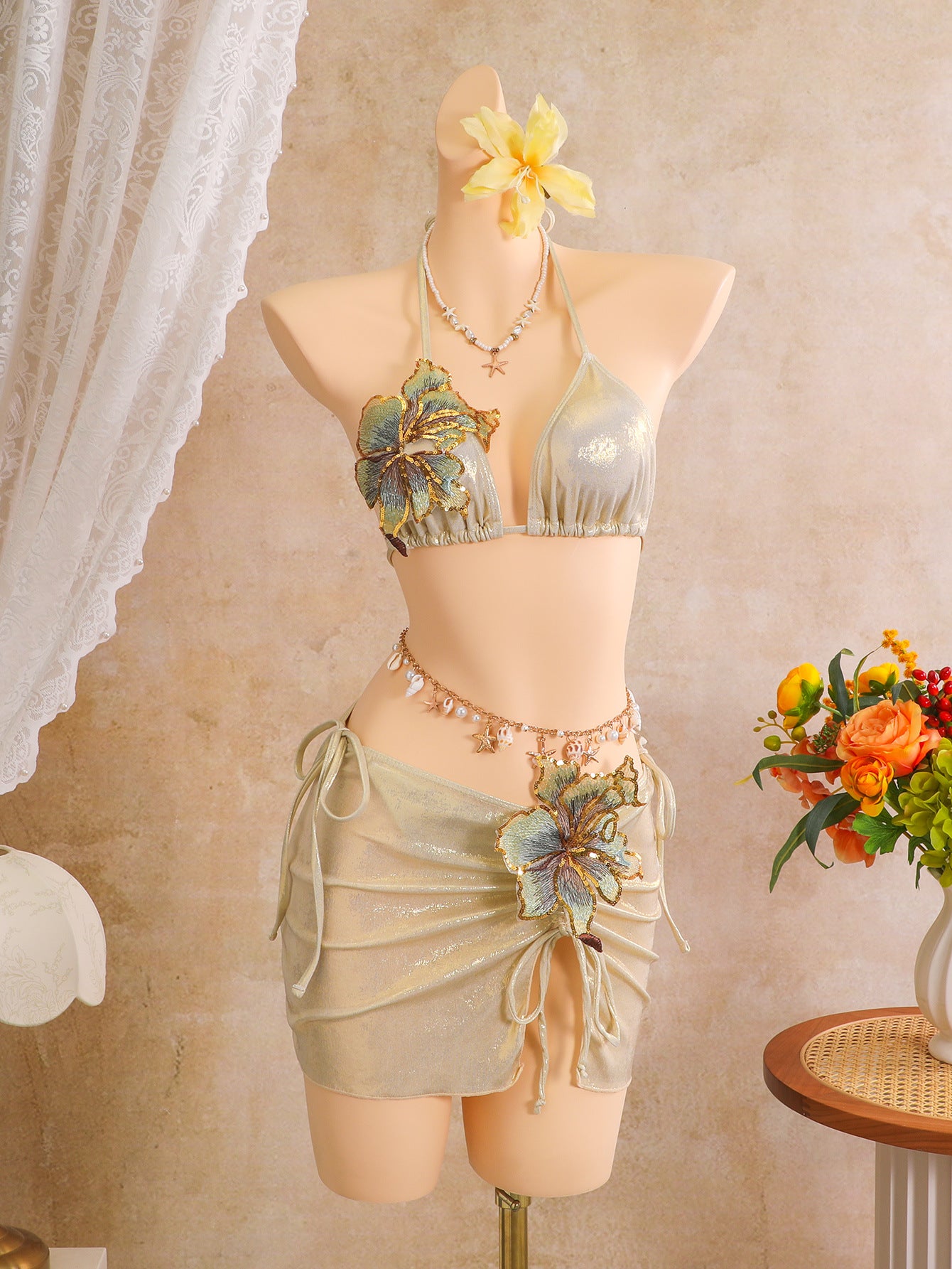Floral Applique Shimmer Bikini & Mini Skirt Set