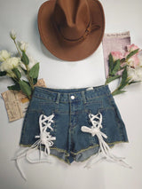 Lace-Up Frayed Hem Denim Shorts for Women