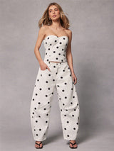 Polka Dot Strapless Top & Wide Leg Pants Set