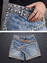 Rhinestone Trim Asymmetrical Denim Shorts Women