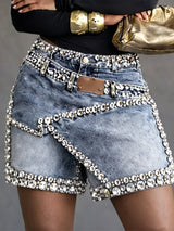 Rhinestone Trim Asymmetrical Denim Shorts Women