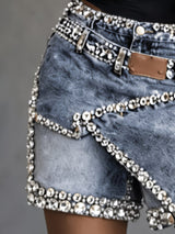 Rhinestone Trim Asymmetrical Denim Shorts Women
