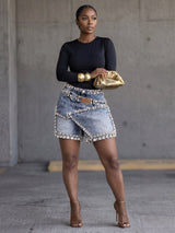 Rhinestone Trim Asymmetrical Denim Shorts Women
