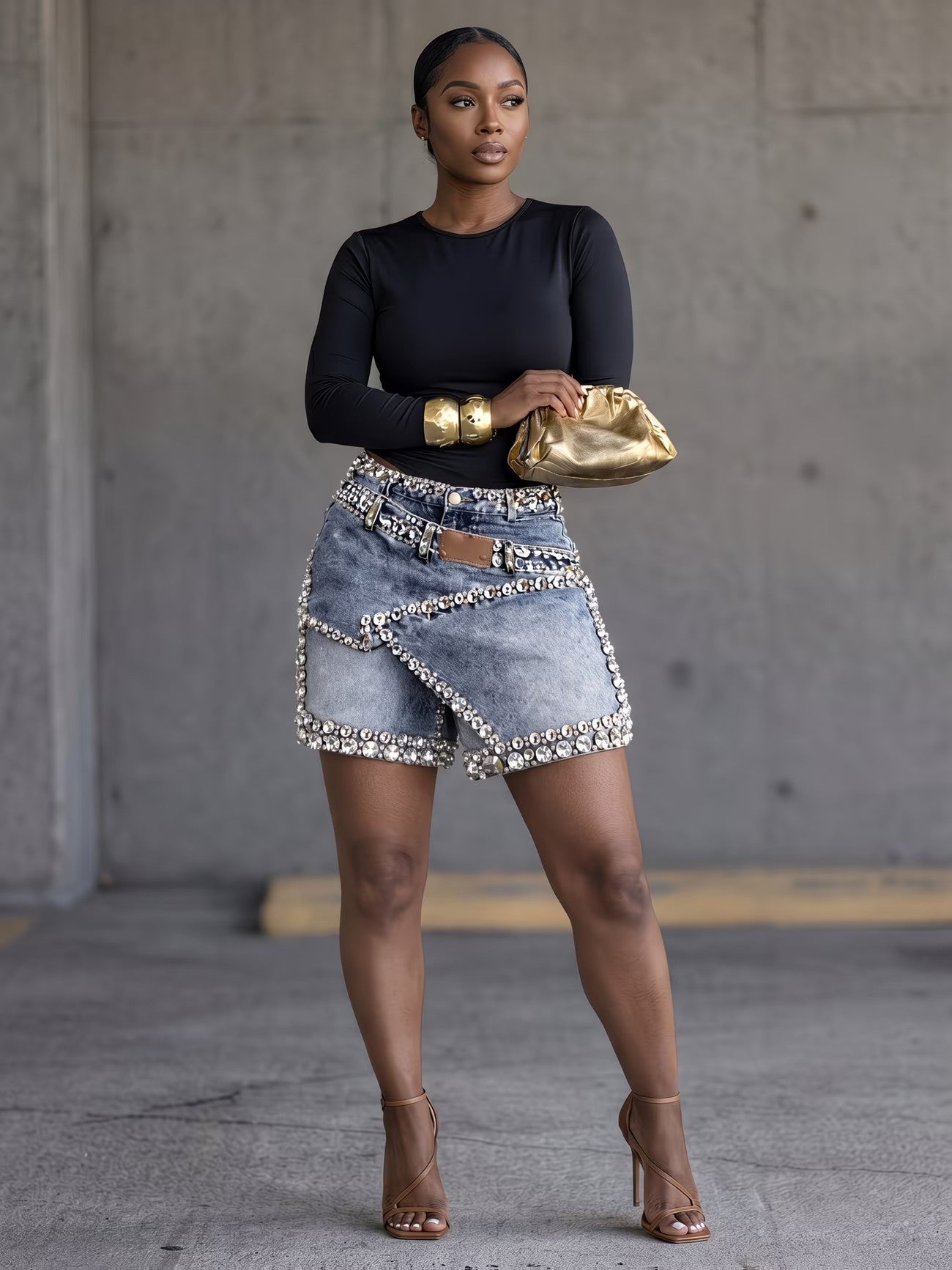 Rhinestone Trim Asymmetrical Denim Shorts Women
