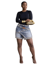 Rhinestone Trim Asymmetrical Denim Shorts Women