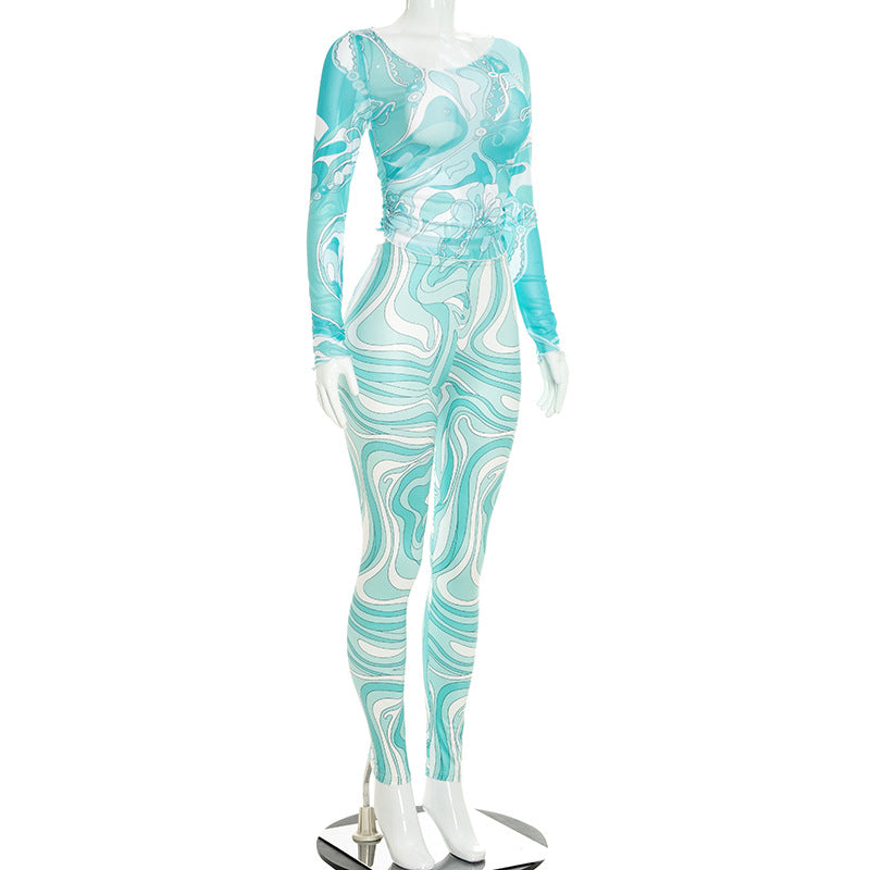 Marble Print Mesh Top & Leggings Set Women