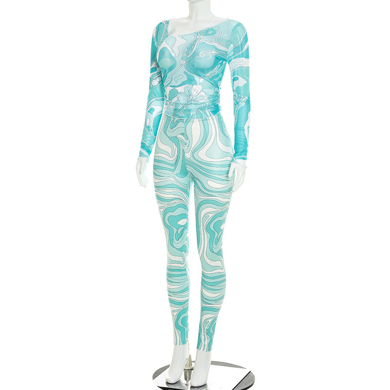 Marble Print Mesh Top & Leggings Set Women