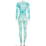 Marble Print Mesh Top & Leggings Set Women
