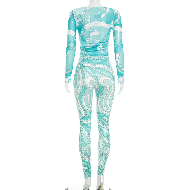 Marble Print Mesh Top & Leggings Set Women