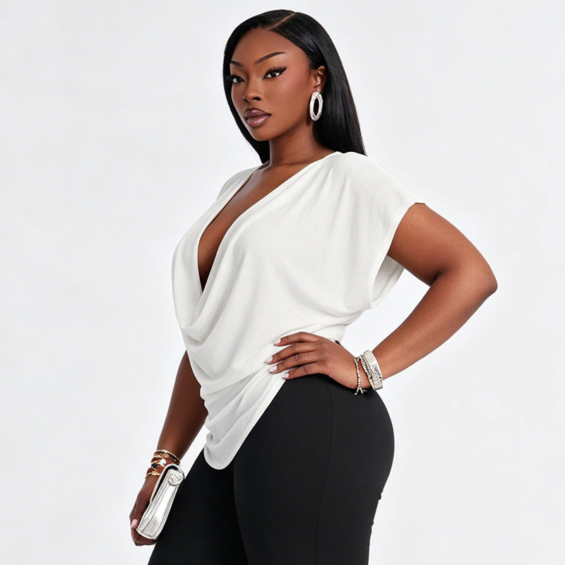 Deep V-Neck Draped Blouse Top for Women