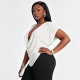 Deep V-Neck Draped Blouse Top for Women