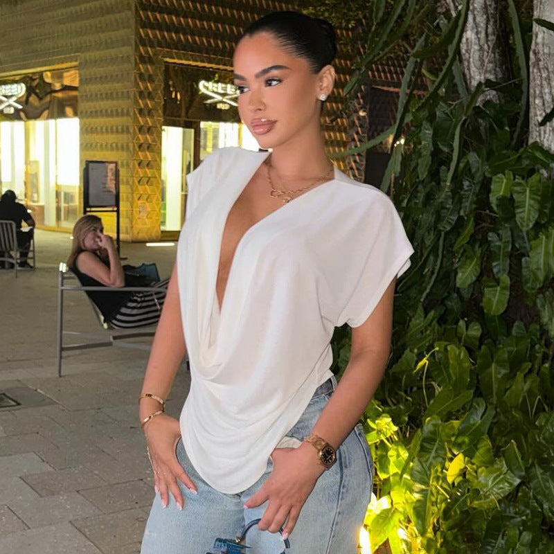 Deep V-Neck Draped Blouse Top for Women