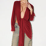 Deep V Ruched Asymmetrical Tunic Top Women