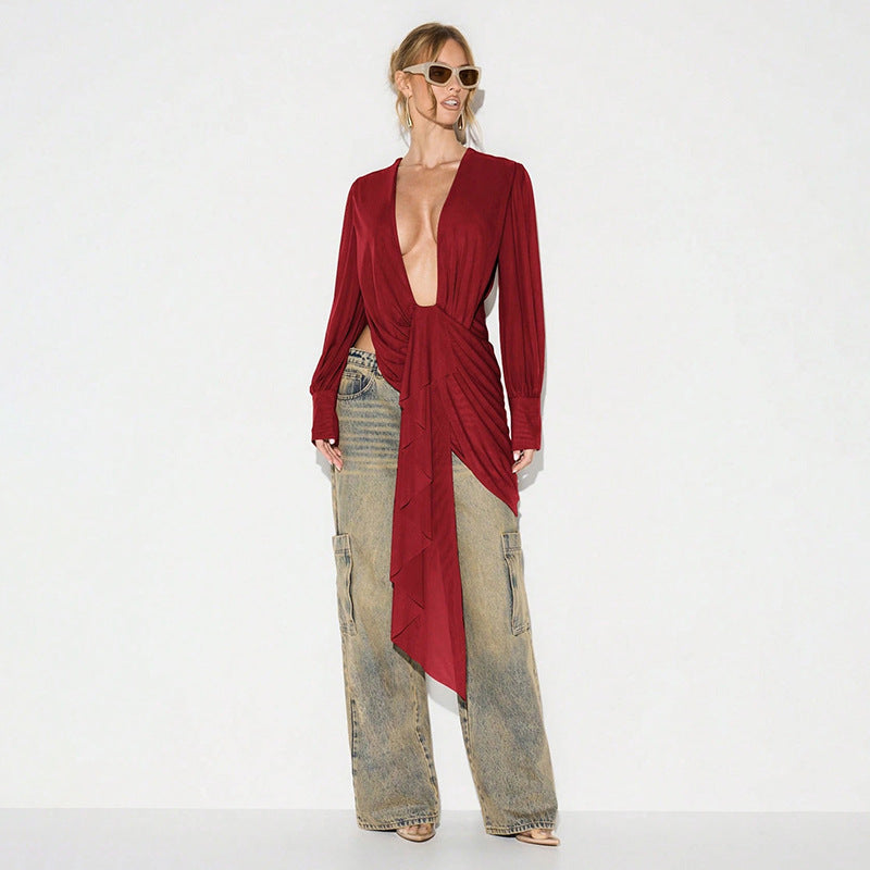 Deep V Ruched Asymmetrical Tunic Top Women