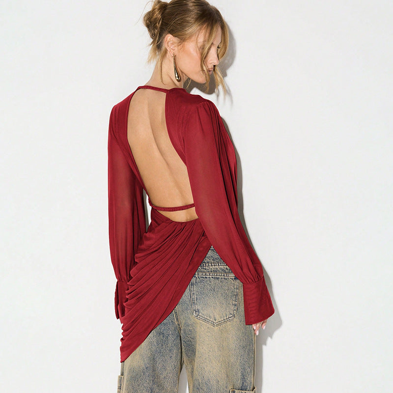 Deep V Ruched Asymmetrical Tunic Top Women