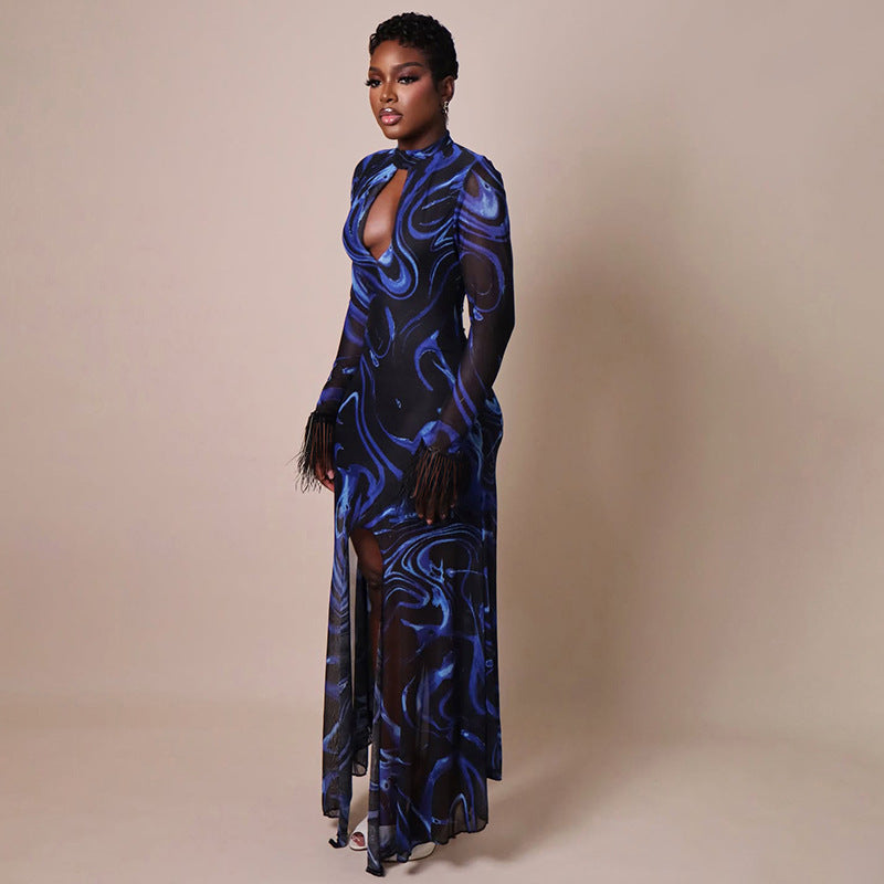 Marble Print Cutout Long Sleeve Maxi Dress Women